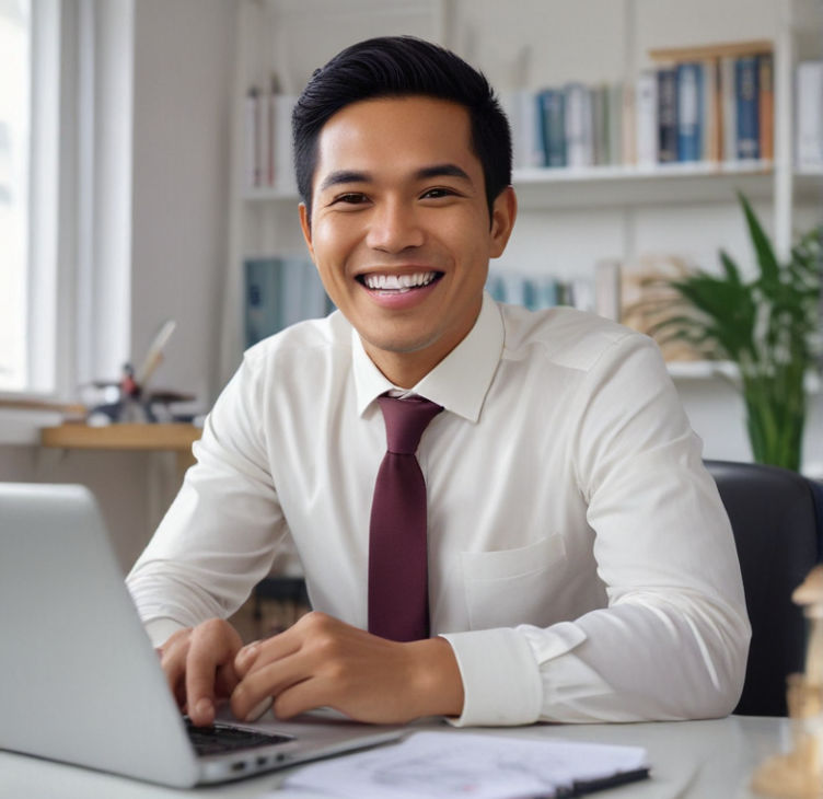 In a bright office, a cheerful Indonesian businessman sits at his desk, his face lit by his laptop screen, conveying joy in his work.