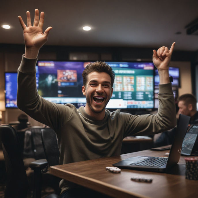 A person celebrating in front of a computer screen, showing a significant win in online poker.