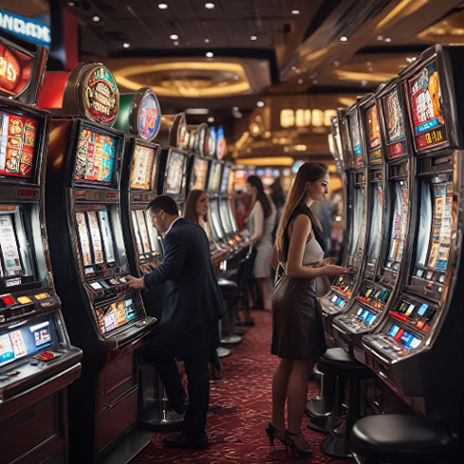 A realistic scene showing players interacting with high RTP slot machines in a modern casino setting.