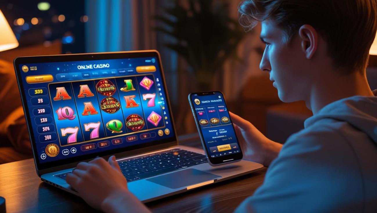 Person playing online casino games on laptop and phone in dim room.