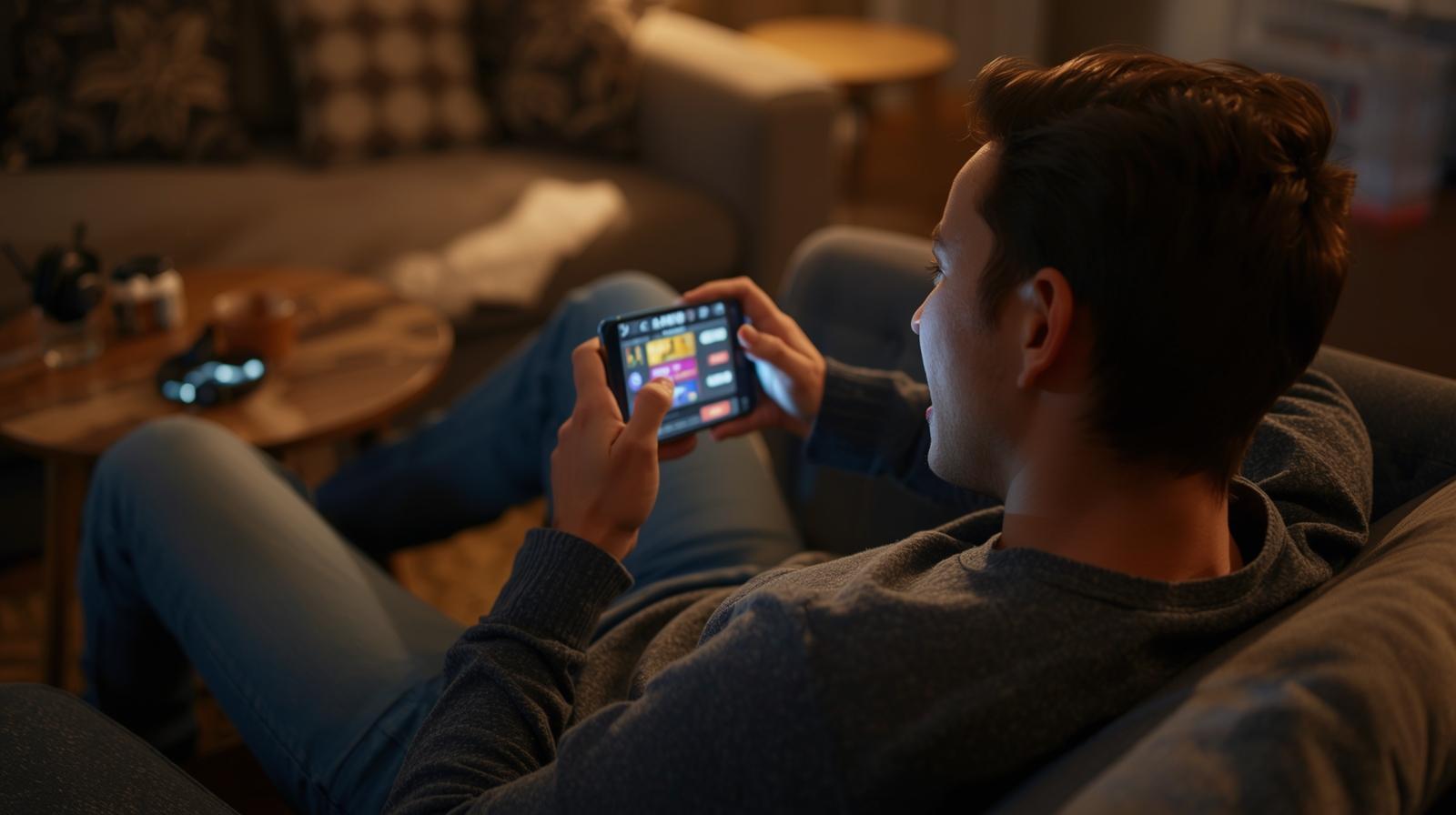 Excited person celebrating online gaming win on smartphone, blurred screen, cozy home setting.
