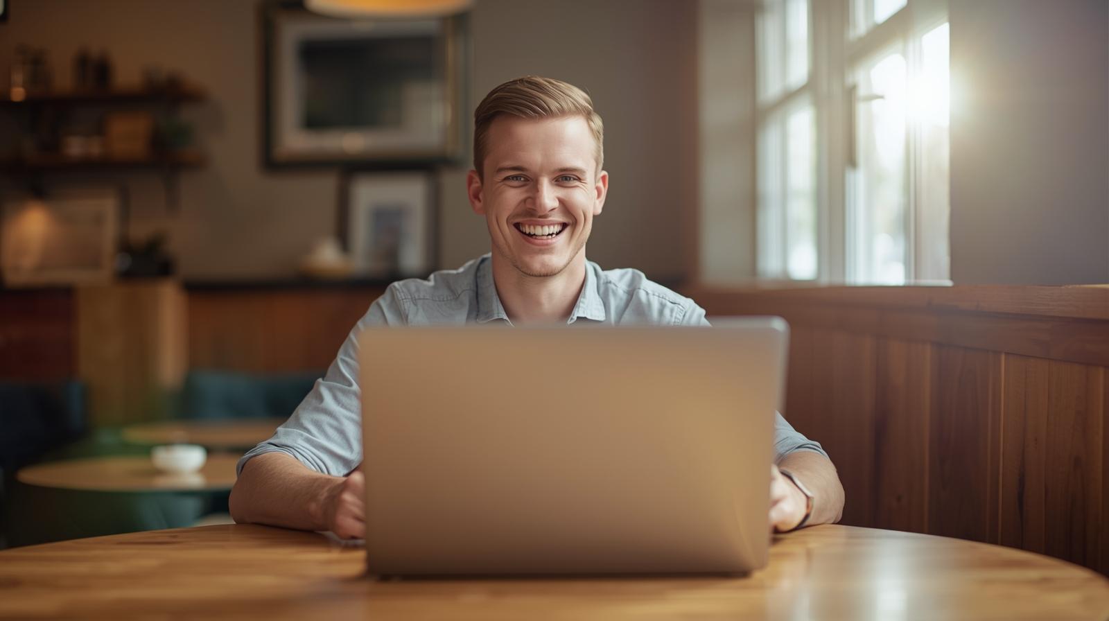 Happy person smiling at laptop after winning in online gambling business setting.