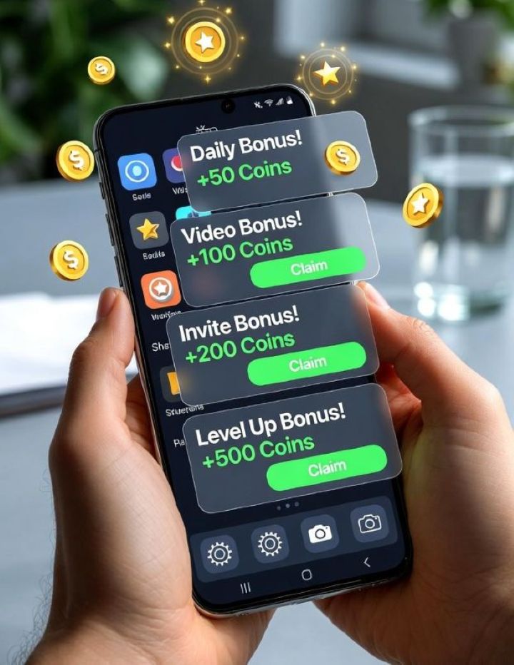 smartphone showing layered bonus pop-ups and spinning icons