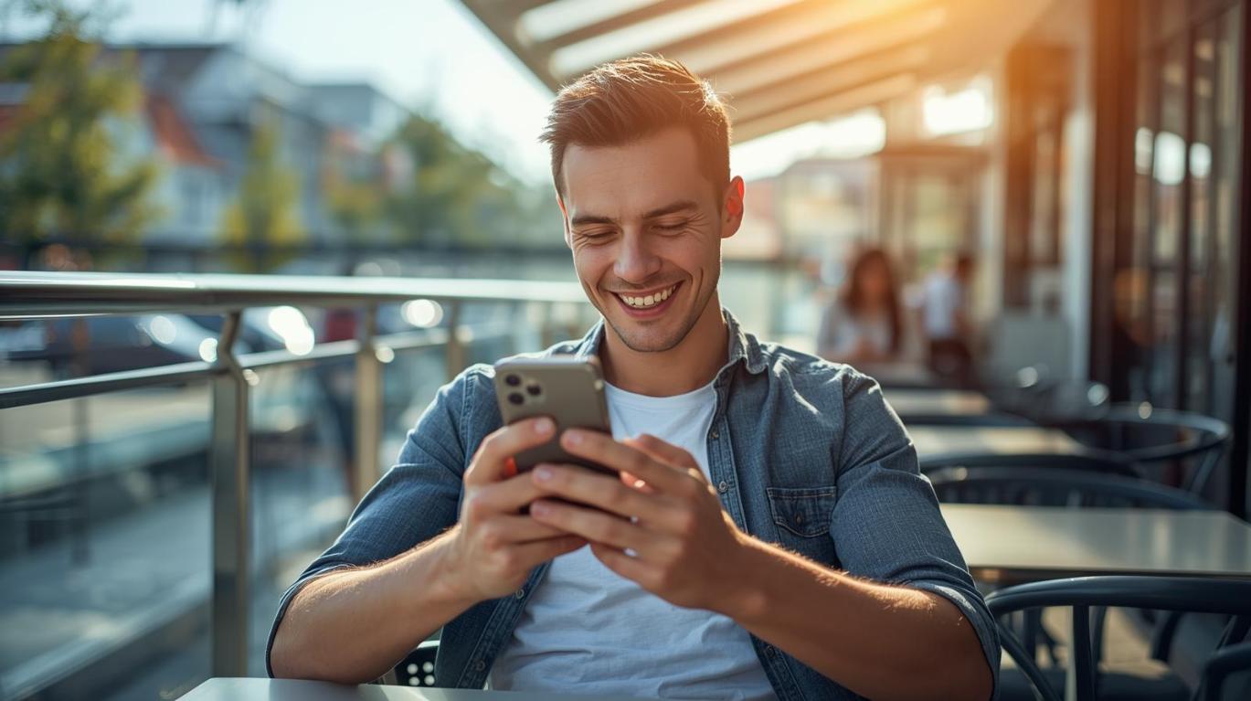 Smiling man playing online casino game on smartphone at sunny outdoor café.
